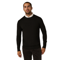 Black crewneck sweater layered over a white collared shirt, full body front view - Alcott Crewneck Sweater in Black - The Simple Man