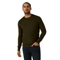 Olive crewneck sweater styled with dark jeans and dress shoes, full body front view - Alcott Crewneck Sweater in Olive - The Simple Man