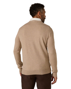 Back view of tan Alcott Crewneck Sweater showing seamless cuffs and clean tailoring from The Simple Man