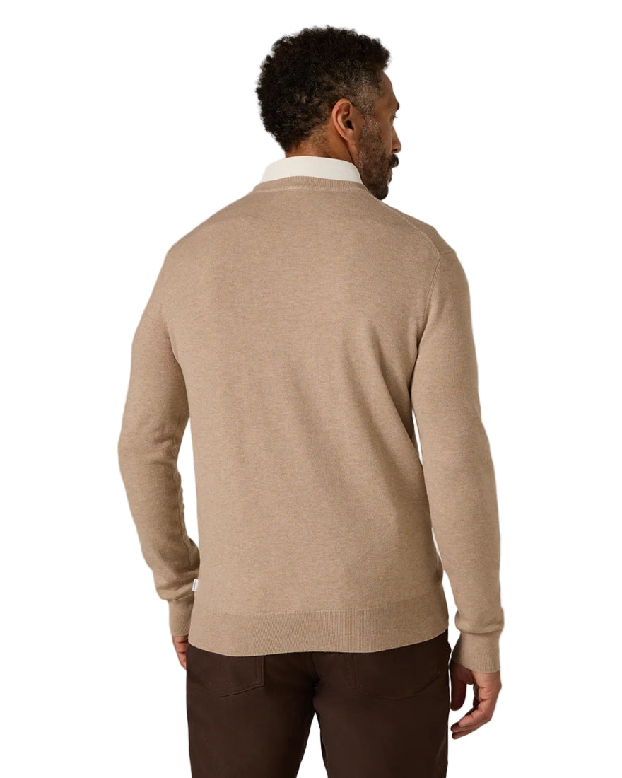 Back view of tan Alcott Crewneck Sweater showing seamless cuffs and clean tailoring from The Simple Man