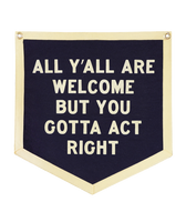 Navy and cream wool felt All Y'all Are Welcome camp flag, product shot, The Simple Man