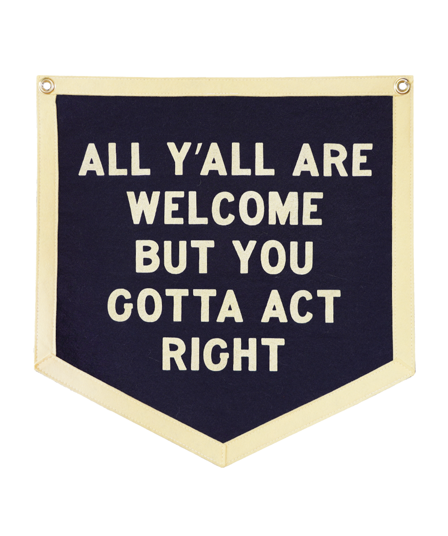 Navy and cream wool felt All Y'all Are Welcome camp flag, product shot, The Simple Man