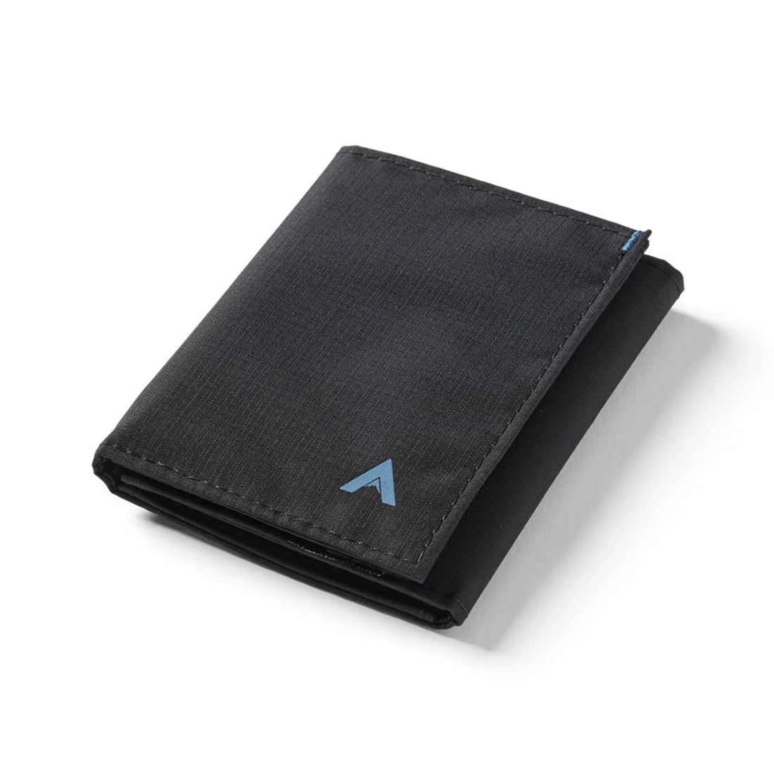 Allett Trifold Wallet in JET BLACK flat lay – men's slim RFID blocking ripstop nylon trifold wallet, 1 oz front pocket design