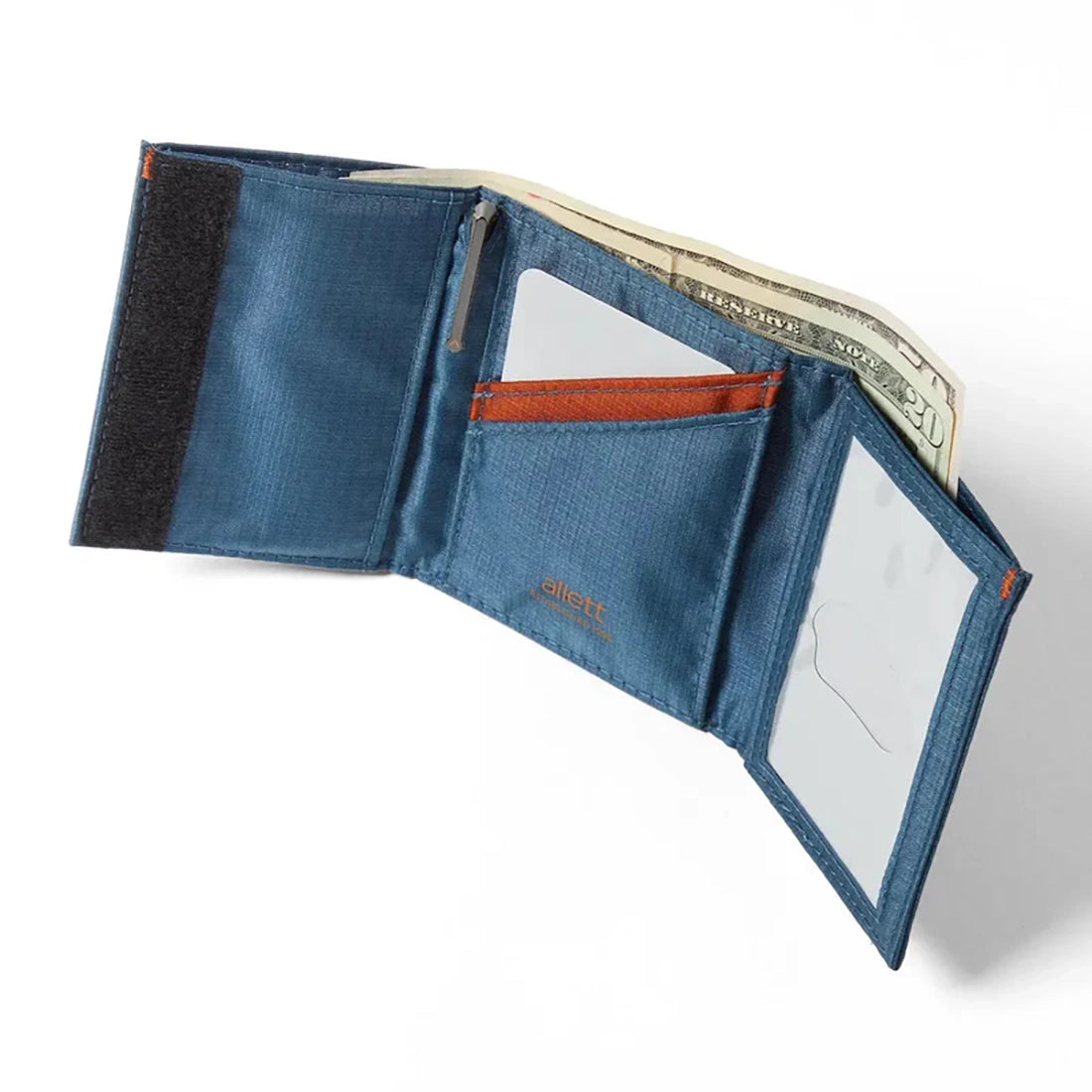 Allett Trifold Wallet Blue fully open – showing card sleeves, bill pocket, ID window, and RFID blocking men's nylon trifold wallet