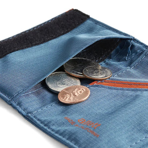 Allett Trifold Wallet Blue coin pocket open with coins – men's weatherproof nylon wallet with VELCRO SLEEK AND THIN fastener