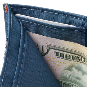 Allett Trifold Wallet Blue interior showing card slots and cash pocket – men's slim nylon trifold wallet with hidden card sleeve