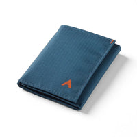 Allett Trifold Wallet in Blue flat lay – men's slim RFID blocking ripstop nylon trifold wallet, 1 oz front pocket design