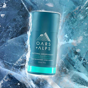 Stylized photo with oars & Alps Aluminum Free Sensitive Skin Deodorant in Deep Sea Glacier Scent