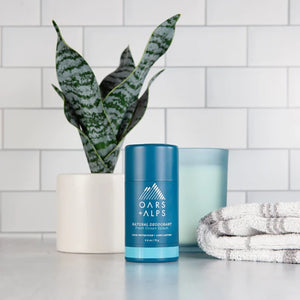 Oars & Alps Aluminum Free deodorant in fresh ocean splash scent bathroom photo