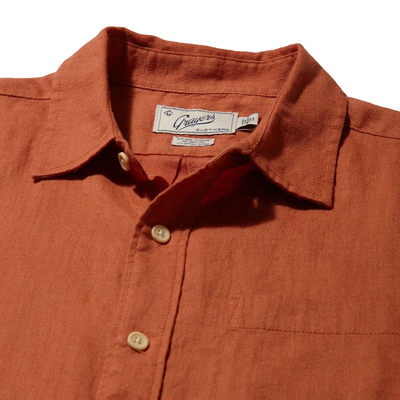 Grayers Amalfir Textered Linen hemp Shirt Sleeve shirt in a Burnt orange color, flat lay front close up view