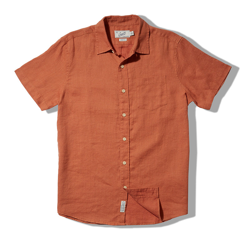 Grayers Amalfir Textered Linen hemp Shirt Sleeve shirt in a Burnt orange color, flat lay front view