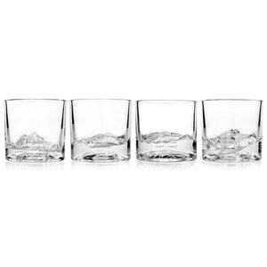 Close-up of American Peaks whiskey glass set showing detailed mountain bases in clear crystal

W