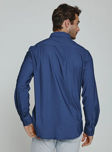 Model Wearing 7 Diamonds Anton Long sleeve 4-way stretch shirt in Navy, rear view