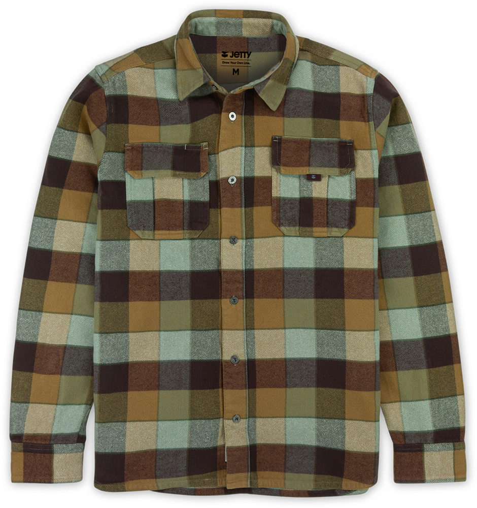 Rust, olive, and cream plaid flannel shirt with double front pockets and button closure, durable fall menswear from Jetty at The Simple Man