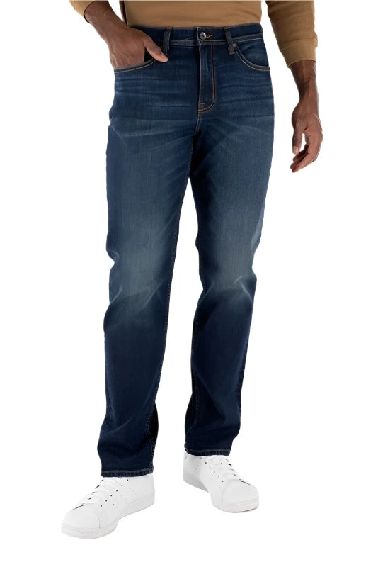 Model Wearing Devil Dog Athletic Fit Jeans in Taylorsville color, front view