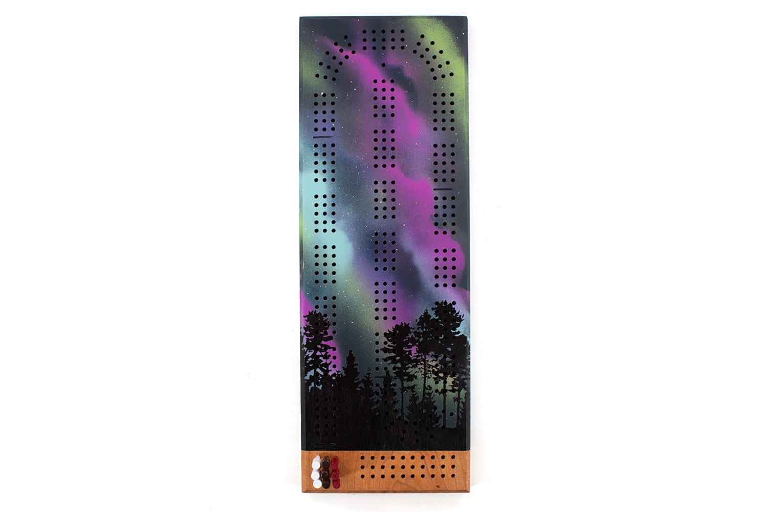 Full view of Aurora Borealis cribbage board showing forest silhouette and detailed painted sky