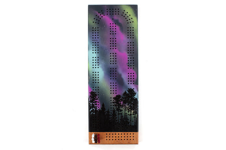 Full view of Aurora Borealis cribbage board showing forest silhouette and detailed painted sky