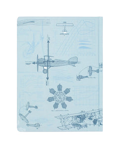 Back cover of the Aviation Early Flight Hardcover Notebook featuring blue aviation diagrams and aircraft schematics.