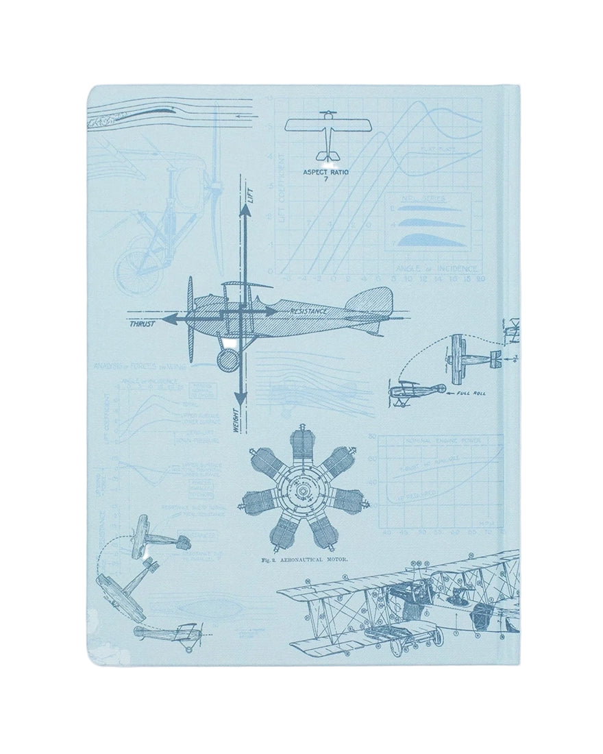 Back cover of the Aviation Early Flight Hardcover Notebook featuring blue aviation diagrams and aircraft schematics.