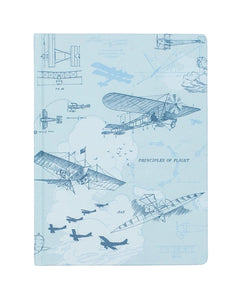 Front cover of the Aviation Early Flight Dot Grid Notebook showing vintage airplane illustrations and “Principles of Flight” text.
