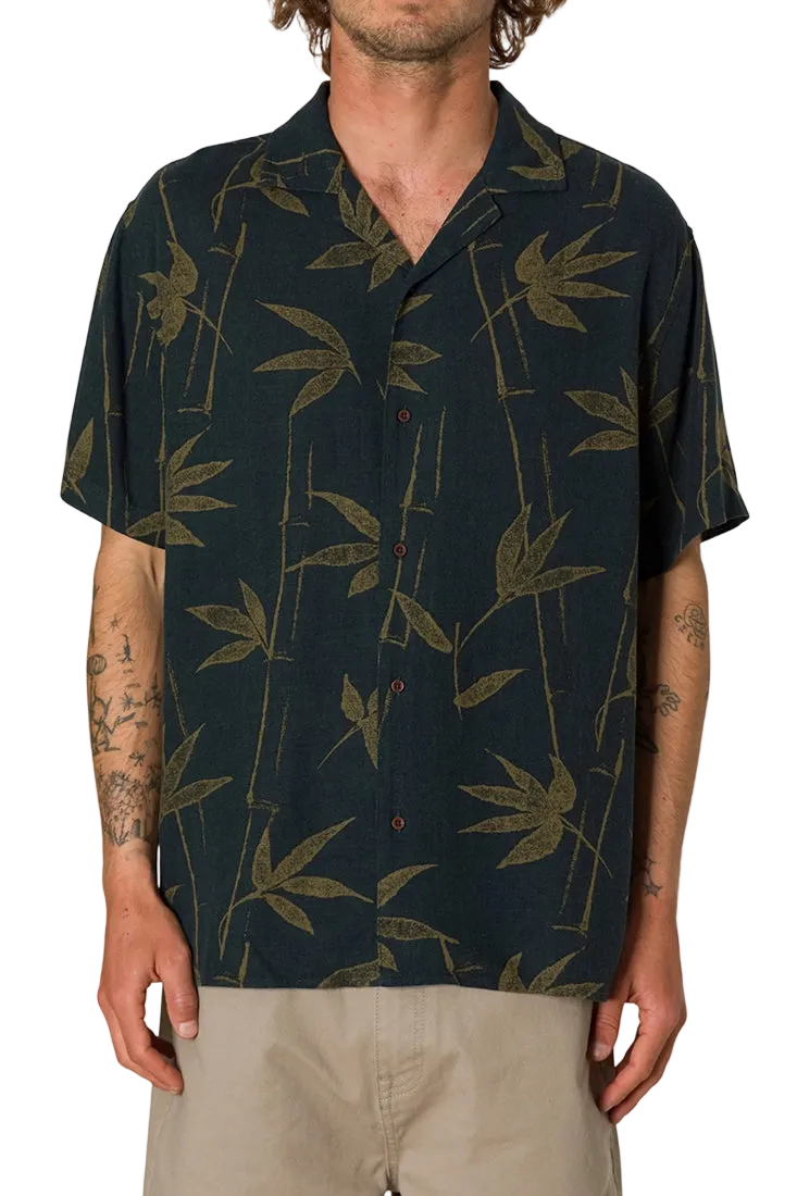 Bamboo short sleeve camp collar shirt washed black front view – men's relaxed fit printed shirt – The Simple Man