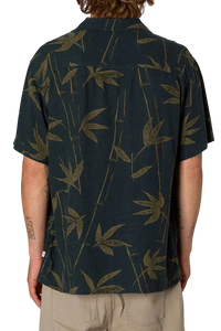 Bamboo camp collar shirt washed black back view – olive bamboo print rayon linen blend – The Simple Man