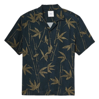 Bamboo camp collar shirt flat lay washed black – all-over bamboo print rayon linen – The Simple Man