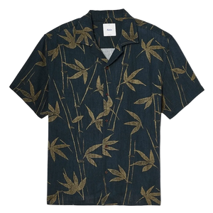 Bamboo camp collar shirt flat lay washed black – all-over bamboo print rayon linen – The Simple Man