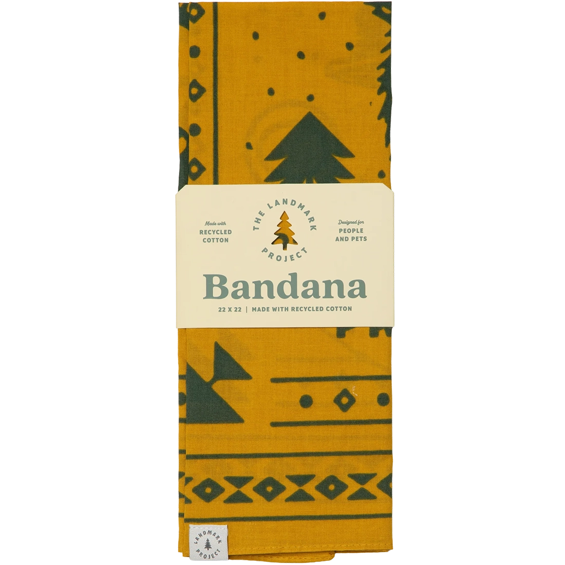 Landmark Project Smokey Bear bandana in original packaging – recycled cotton 22x22 bandana designed for people and pets gold green