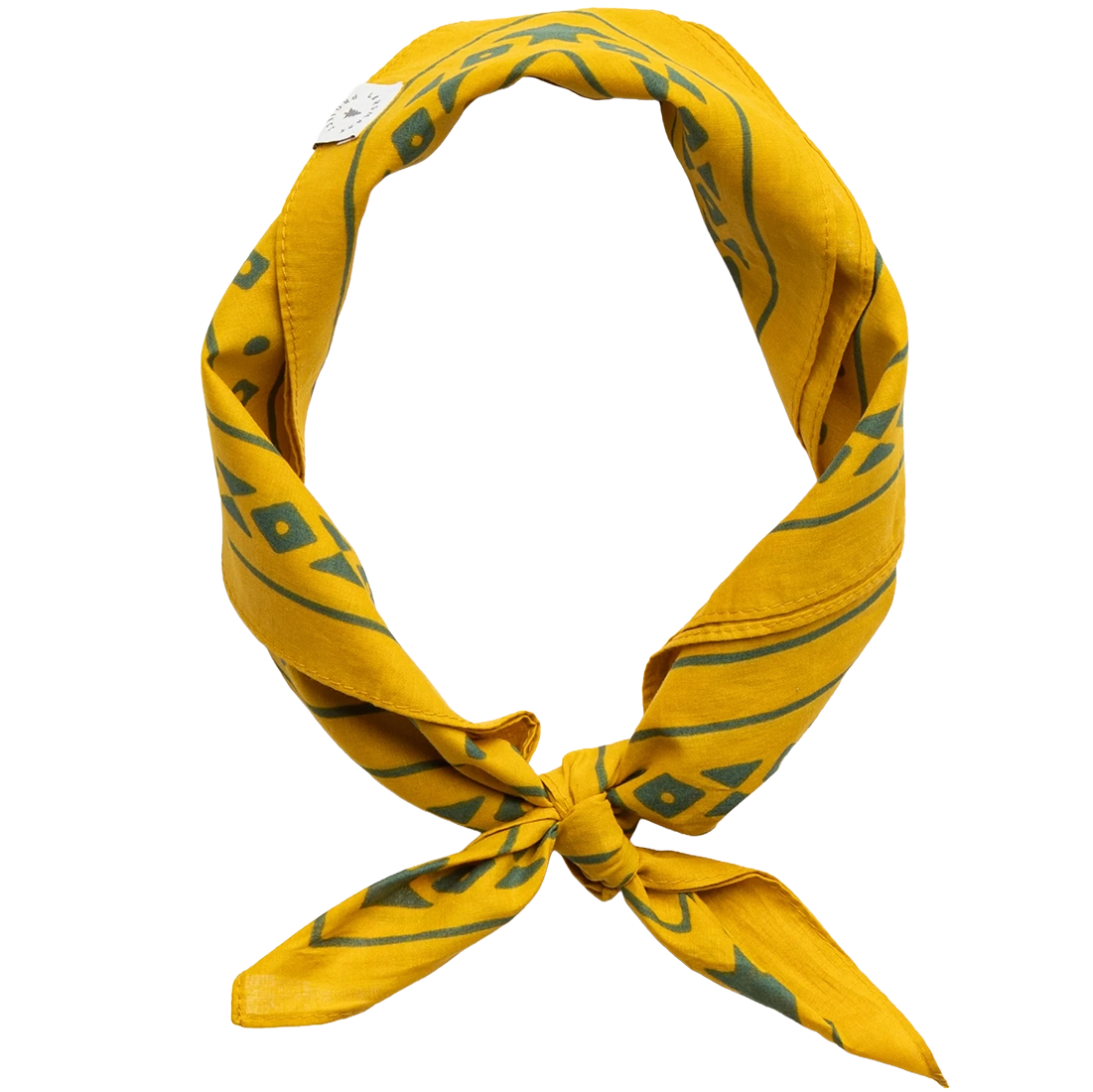 Gold Landmark Project Smokey Bear bandana tied in loop knot – 100% recycled cotton water-based ink printed bandana men's accessory