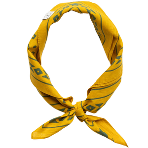 Gold Landmark Project Smokey Bear bandana tied in loop knot – 100% recycled cotton water-based ink printed bandana men's accessory