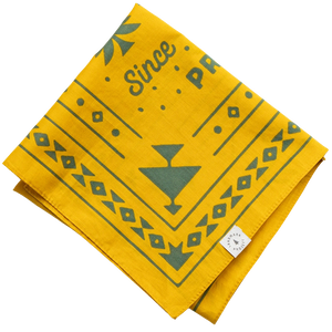 Landmark Project Smokey Bear bandana folded flat – gold and green recycled cotton 22x22 bandana with geometric print white background

