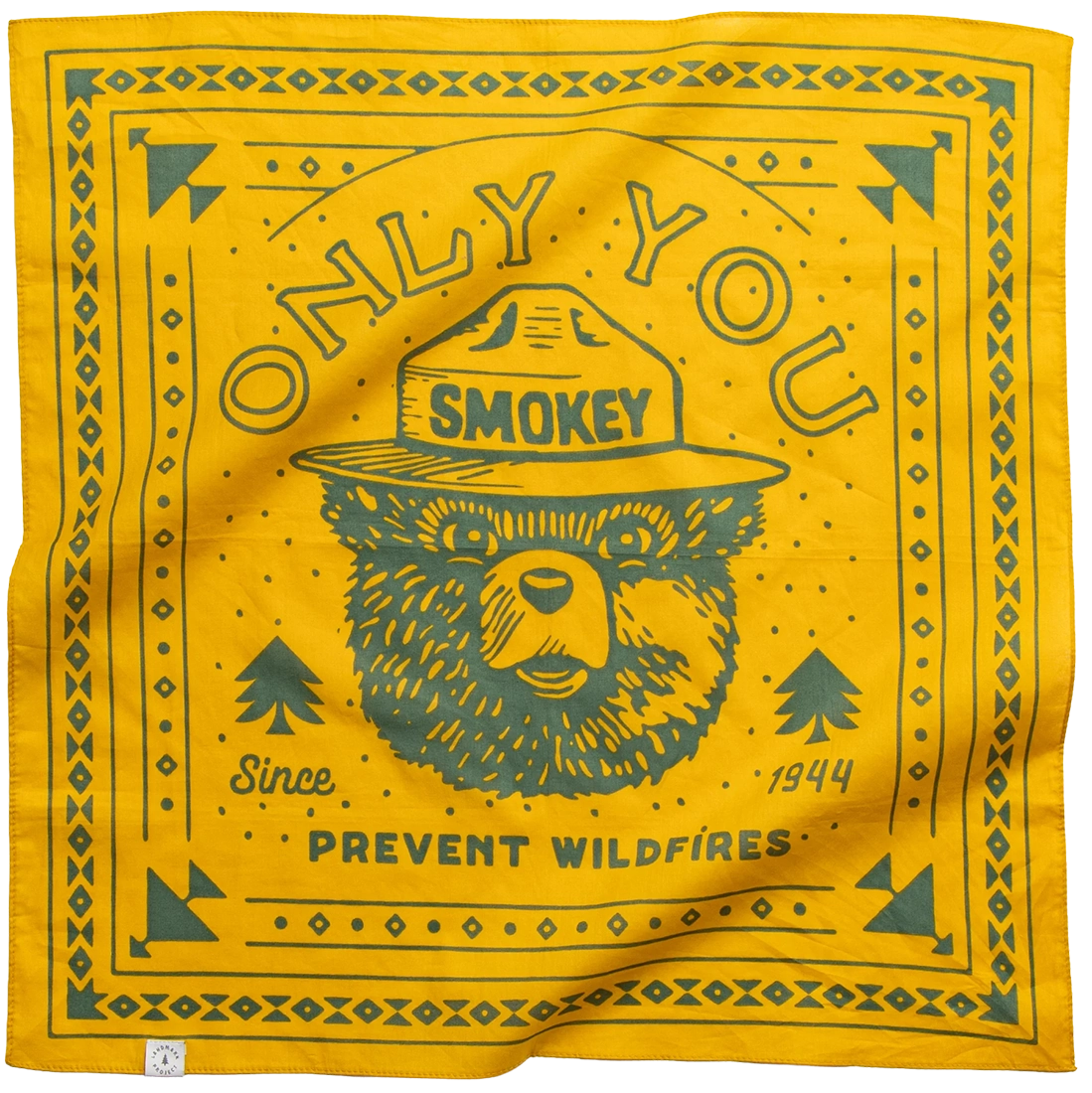 Landmark Project Smokey Bear Only You bandana full print – gold 22x22 recycled cotton bandana prevent wildfires since 1944 graphic
