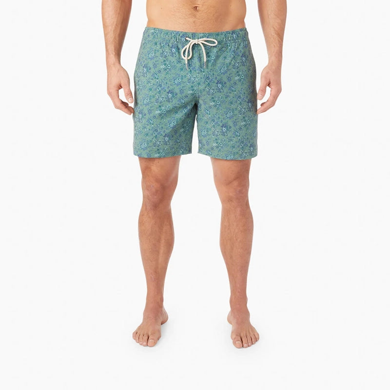 Model Wearing Fair Harbor Bayberry swim Trunk in Green Mini Floral, Front View