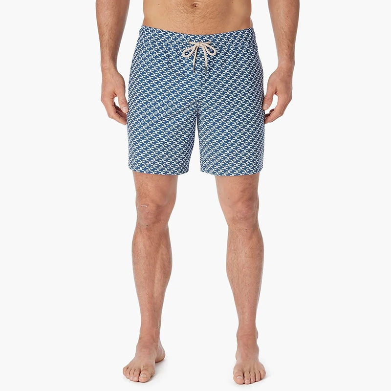 Model Wearing Fair Harbor Bayberry Trunk in Navy Geo, front view