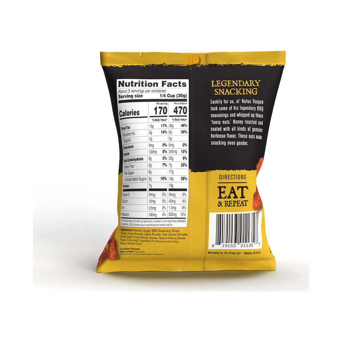 Back of the 3oz BBQ honey roasted peanut packet showing nutrition facts and barcode