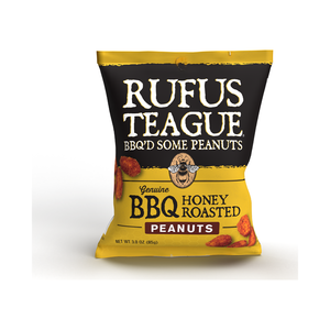 Yellow and black 3oz packet of BBQ honey roasted peanuts with a bee on the label, front view