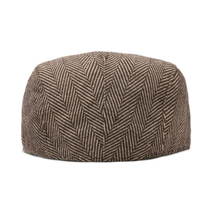 Back view of brown herringbone flat cap