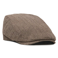 Original scally cap in brown herringbone wool tweed blend, angled view