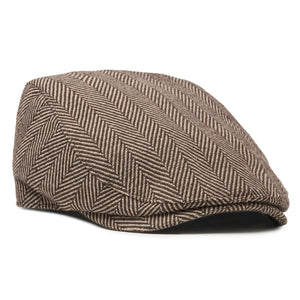 Original scally cap in brown herringbone wool tweed blend, angled view