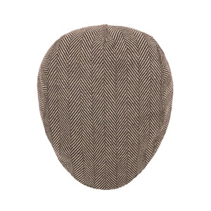 Top view of brown herringbone scally cap crown