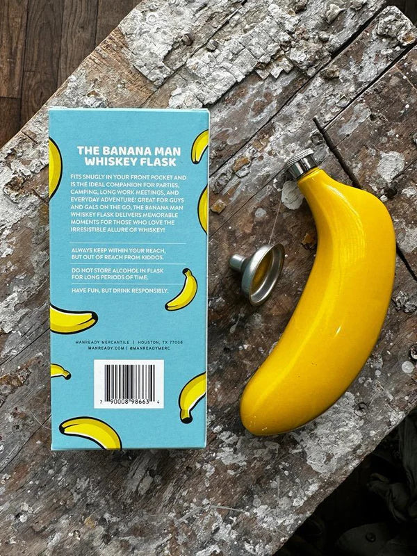 A flask that looks and feels like a banana sold with a funnel for filling, back of packaging