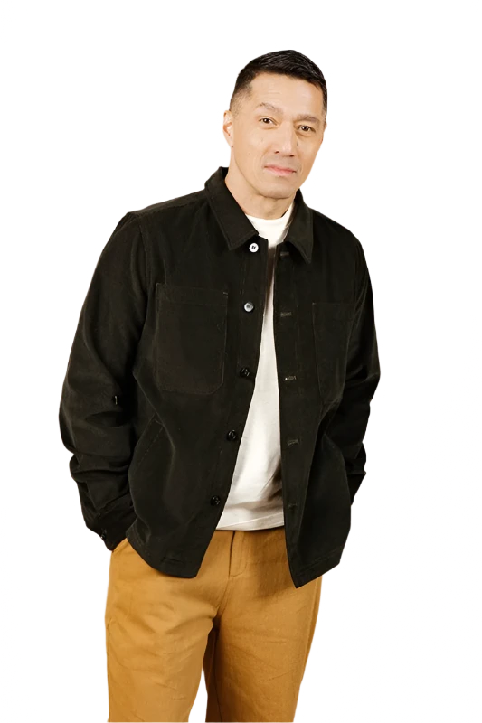 Model Wearing Bridge & Burn Banks Shirt Jacket in Deep Pine Corduroy, Front  view