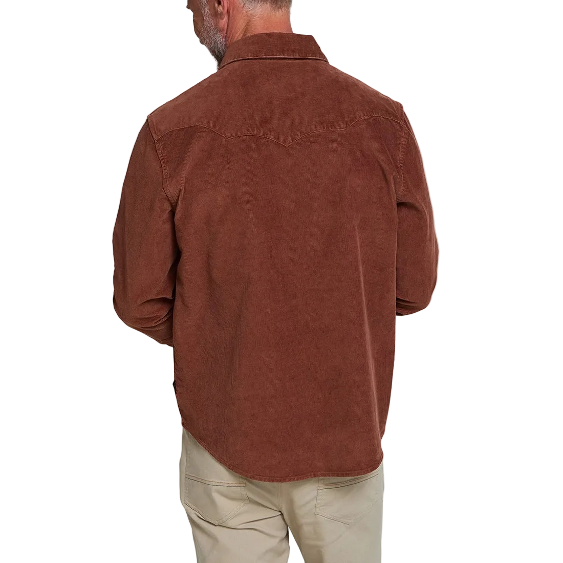 Back view of man wearing the Mink Brown Banning Corduroy Snapshirt, rust brown corduroy western snap shirt -- The Simple Man