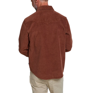Back view of man wearing the Mink Brown Banning Corduroy Snapshirt, rust brown corduroy western snap shirt -- The Simple Man
