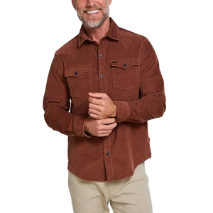 Man smiling wearing the Mink Brown Banning Corduroy Snapshirt, diamond pearl snap buttons on rust brown corduroy western shirt, front view -- The Simple Man