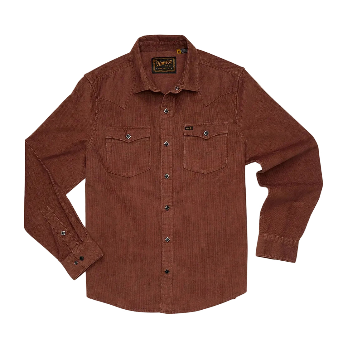 Banning Corduroy Snapshirt in Mink Brown laid flat, rust brown corduroy western snap shirt with diamond pearl snaps, front view -- The Simple Man