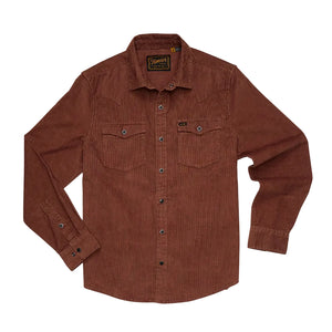 Banning Corduroy Snapshirt in Mink Brown laid flat, rust brown corduroy western snap shirt with diamond pearl snaps, front view -- The Simple Man