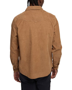 Back view of Howler Brothers Western-style snapshirt in duck brown