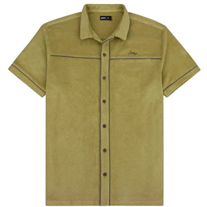 Barnegat mustard terry cloth short sleeve button down shirt in 100% cotton with piping detail and coconut buttons